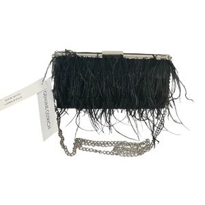 NWT Alessia Black Geniune Ostrich Feather Clutch Evening Bag Silver Chain Strap